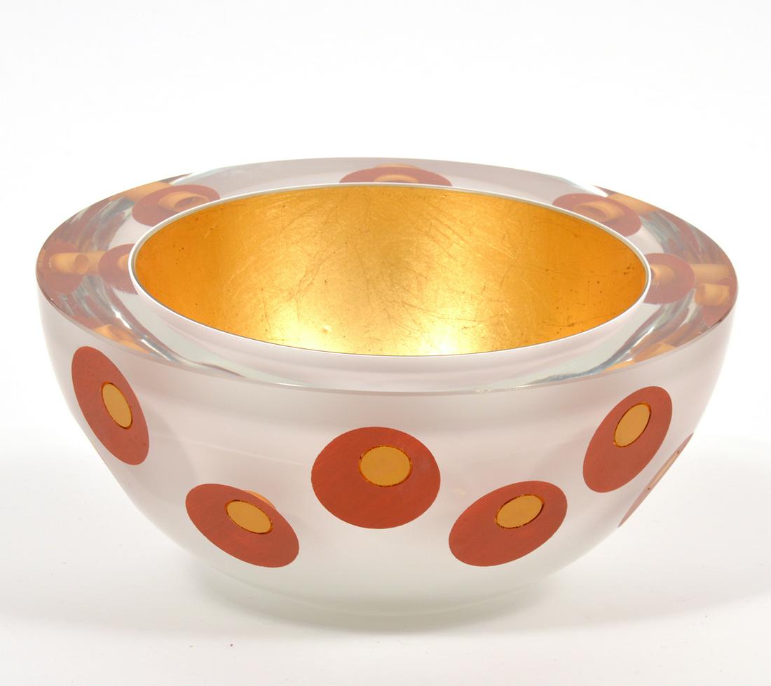 Molly Stone Art Glass Slant-Cut Bowl 1994: 1994 Molly Stone art glass slant-cut bowl with gilt interior, orange and yellow circular accents on exterior. 8.5"W x 5"H. Signed on underside. Condition report: good condition, some scratches to insi