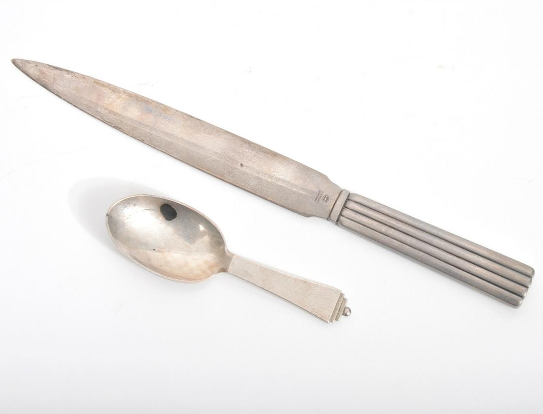 Georg Jensen Sterling Letter Opener & Spoon: Includes: Georg Jensen sterling letter opener 9.25", and baby spoon 4.25". Both marked have hallmarks on heel. Total weight - 102g. Condition report: Good condition, the tip is bent, please examine al