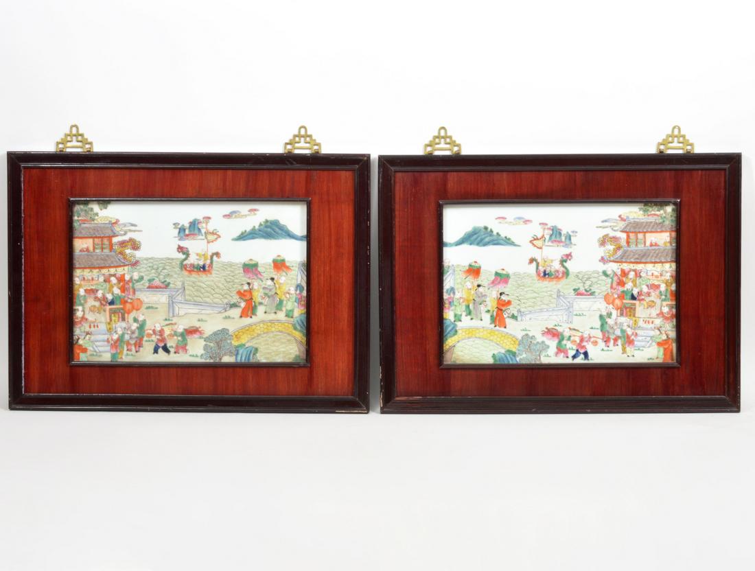 Pair Of Chinese Painted Ceramic Panels Framed (1 of 8)
