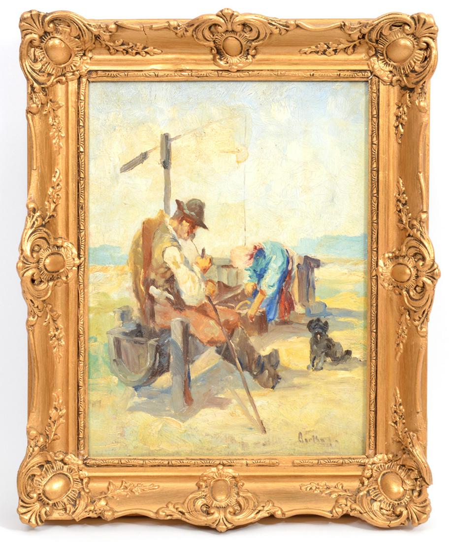 Continental Painting Signed O/C Couple and Dog (1 of 6)