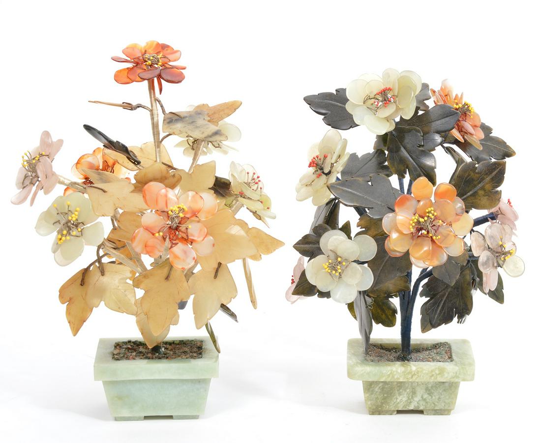 Lot of 2 Chinese Hardstone Trees in Jade Pots (1 of 9)