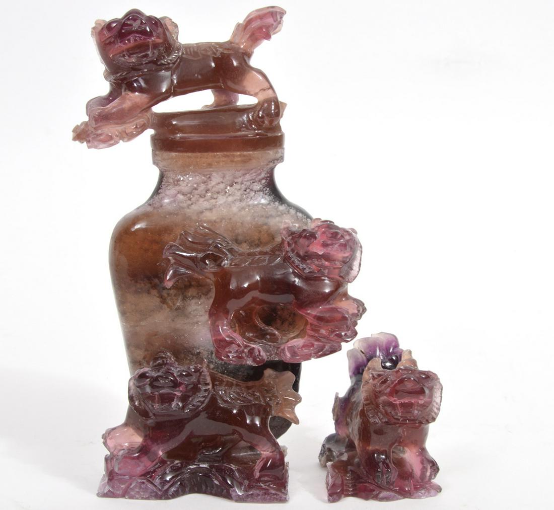 Carved Chinese Fluorite Foo Dog Urn & Small Lion (1 of 11)