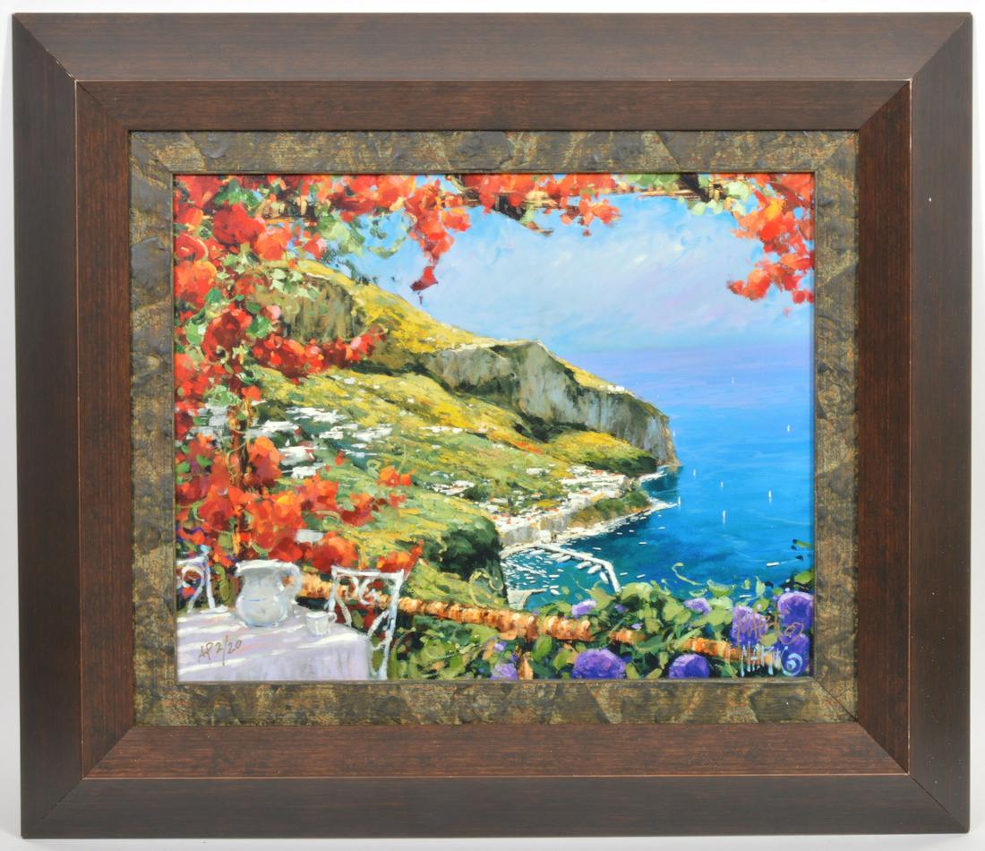 Marko Mavrovich 'Visiting Capri' Serigraph: Marko Mavrovich, Croatia (Born 1960-) 'Visiting Capri', serigraph, numbered 'AP 2/20' on lower right. Measures 25.25" x 29.25"H x "W framed; 15.5"H x 19.5"W unframed. Condition report: Good condition,
