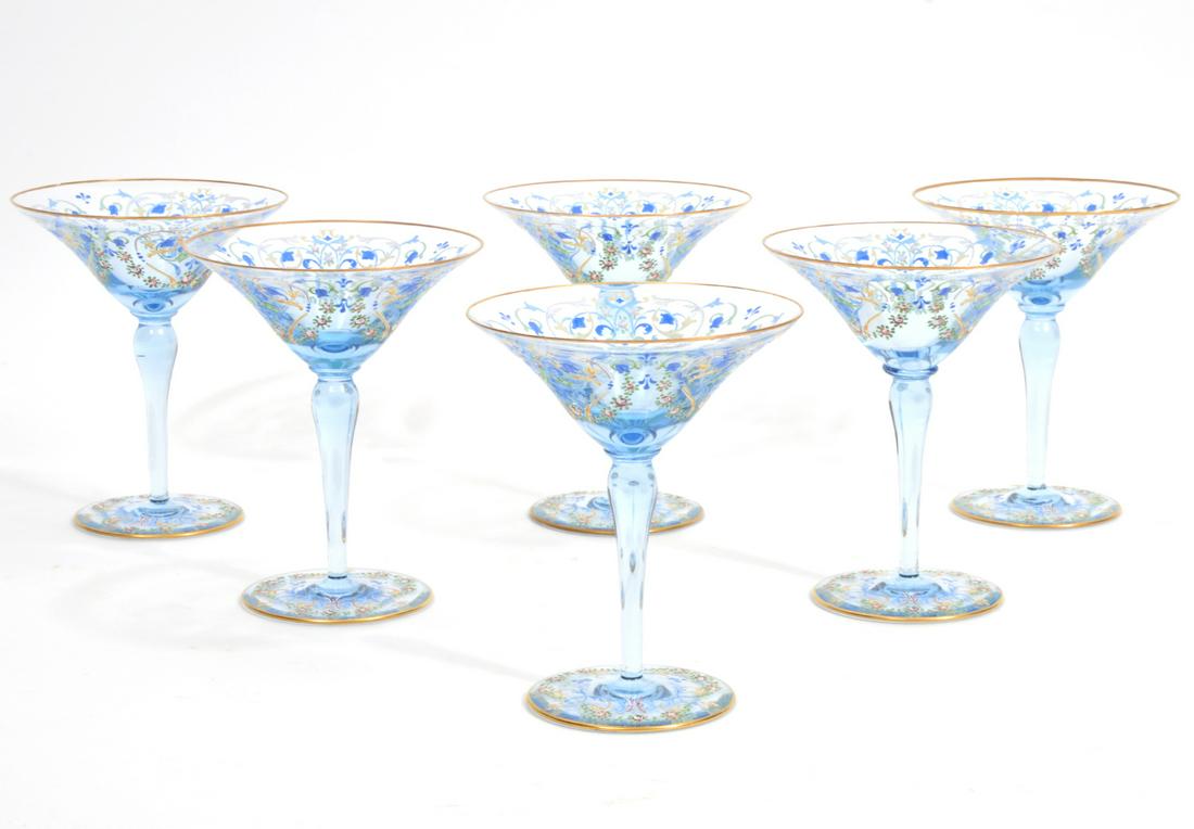 Set of 6 Salviati Venetian Martini Glasses: Set of 6 Salviati Venetian martini glasses with Moser-style decoration and gilt rim. Signed on underside. Measures 4.75"W x 6"H. Condition report: Good condition, chips on three glasses, minor enamel 