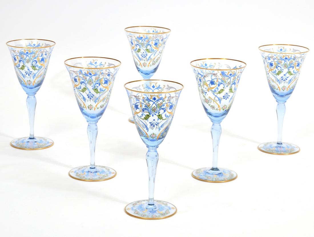 Set of 6 Salviati Venetian Small Goblets: Set of 6 Salviati Venetian small goblets with Moser-style foliate decoration and gilt rim. Signed on underside. Measures 3.5"W x 6.5"H. Condition report: Good condition, please examine all photos clos