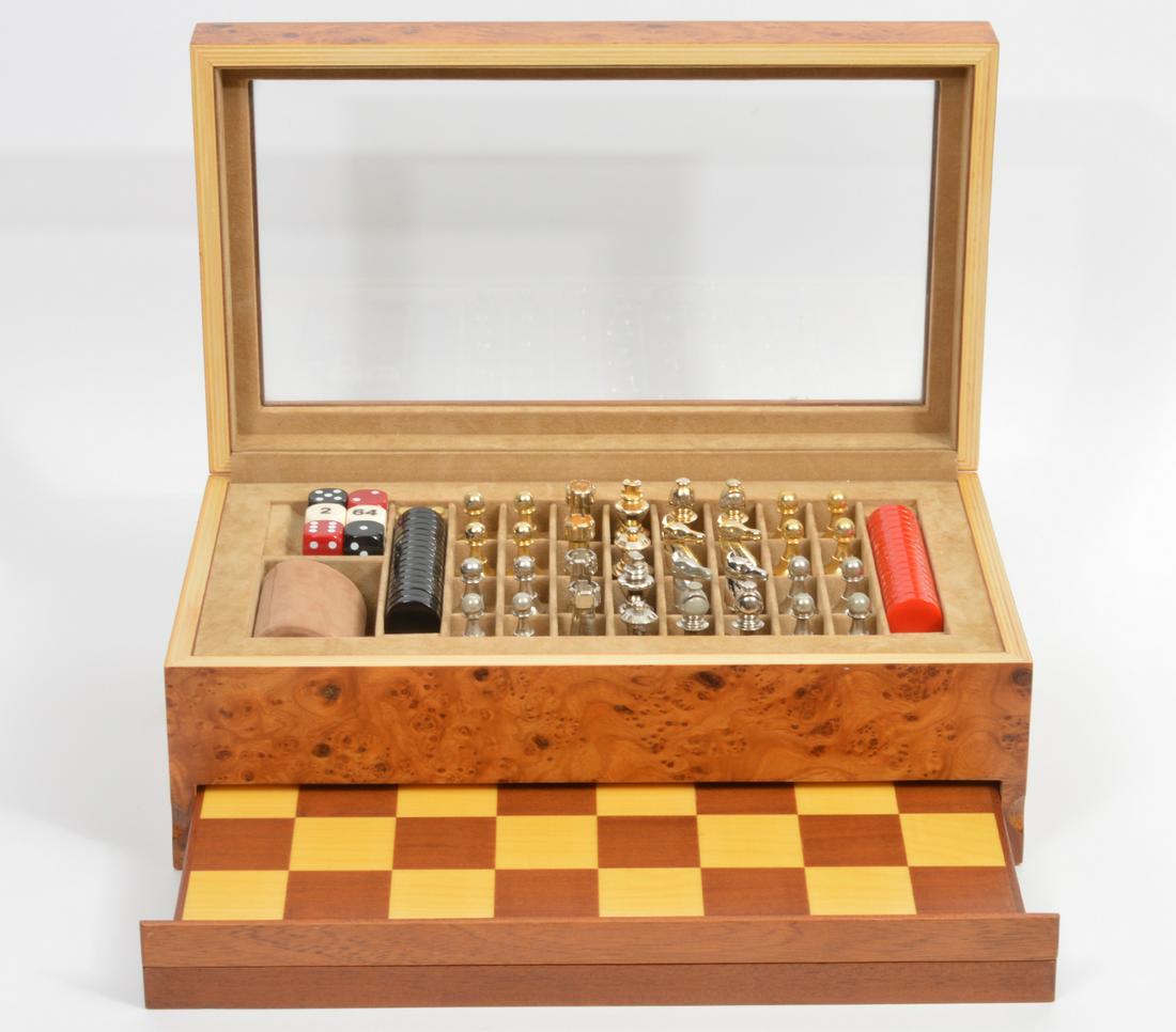 Mark Cross Chess Checkers Dice Game Set: Mark Cross games set box, includes gold and silver tone chess pieces, Black and red checkers pieces, three pairs of dice, and cup. Chess board slides out like drawer from bottom. Faux wood finish. Mea