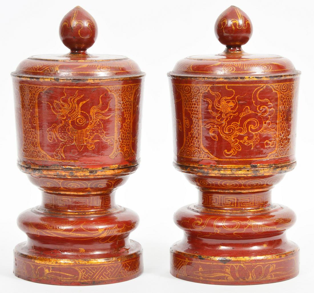 Chinese Red Lacquer Lidded Candleholders Pair (1 of 8)