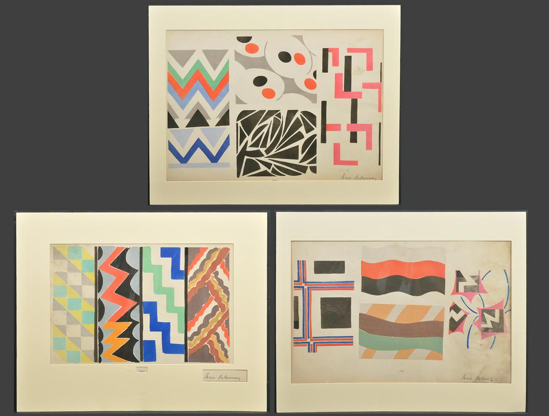 3 Sonia Delaunay Pochoirs (Stencils on Paper) 1924: Sonia Delaunay, France (1885-1979). 3 Pochoirs or Stencils on paper. 1924. Paper roughly 15"H x 22" W. Condition report: Paper has issues arounds edges and some fading, see photos. Contact C. Biddle A