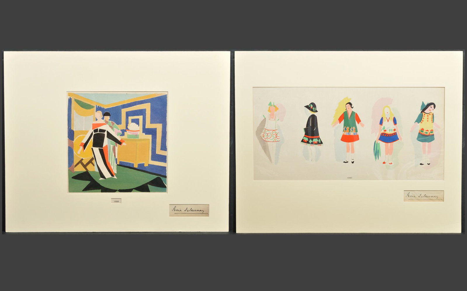 2 Sonia Delaunay Fashion Illustration Pochoirs: Sonia Delaunay, France (1885-1979). 2 Pochoirs or Stencils on paper. Paper roughly 15" x 22". Condition report: Paper has issues arounds edges and some fading, see photos. Contact C. Biddle Auction Ga