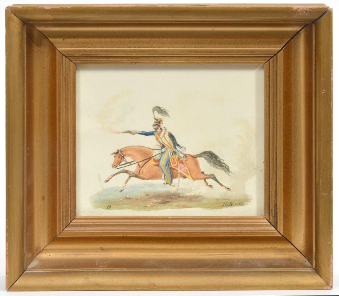 J.C. Burton 'Horseman on Charger' Watercolor: J. C. Burton watercolor illustration of charging soldier firing pistol on horseback, initialed 'JCB' and dated 1829 in lower right. Measures 8"H x 9"W framed, 5"H x 5.5"W visual image. Condition repor