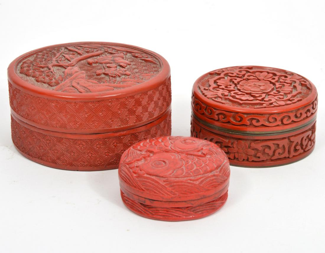 Three Chinese Round Carved Cinnabar Boxes (1 of 8)