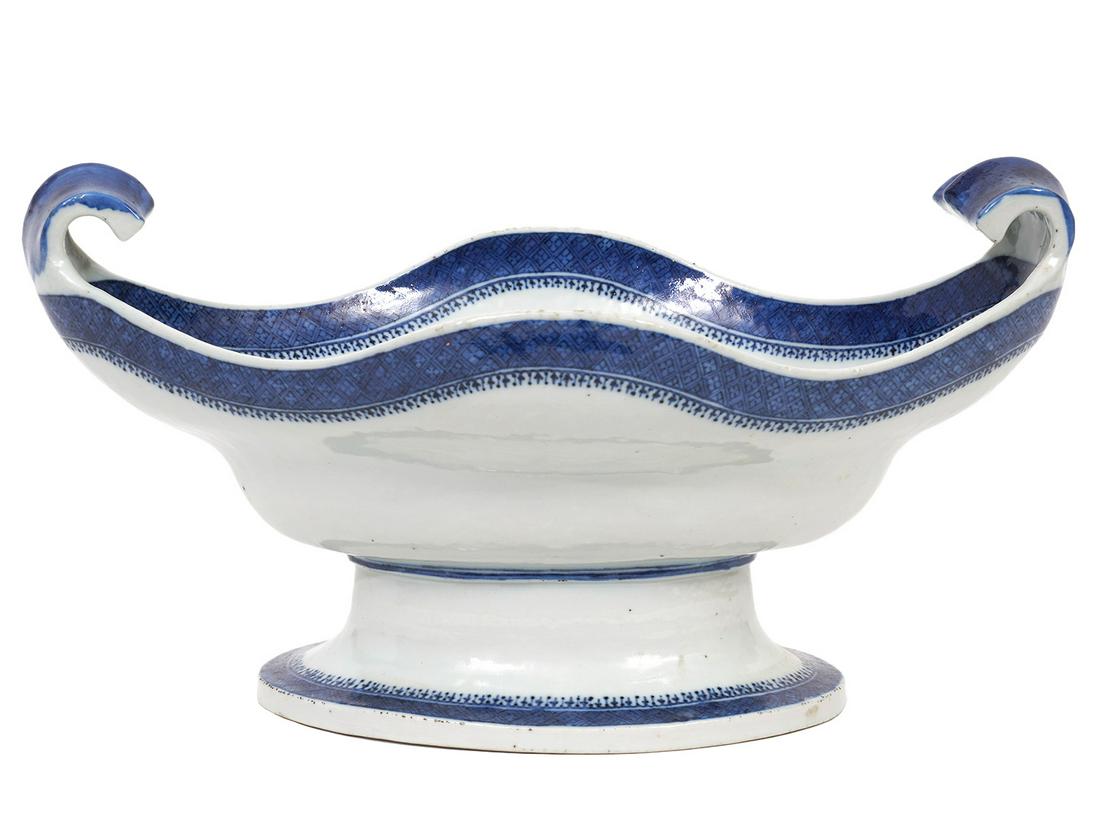 Chinese Blue & White NanKing Tureen: Chinese blue & white NanKing tureen, with center landscape scene and inverted handles. 12''L x 7.5''W x 5.5''H. Condition report: Good condition, no issues. Contact C. Biddle Auction Gallery for more 