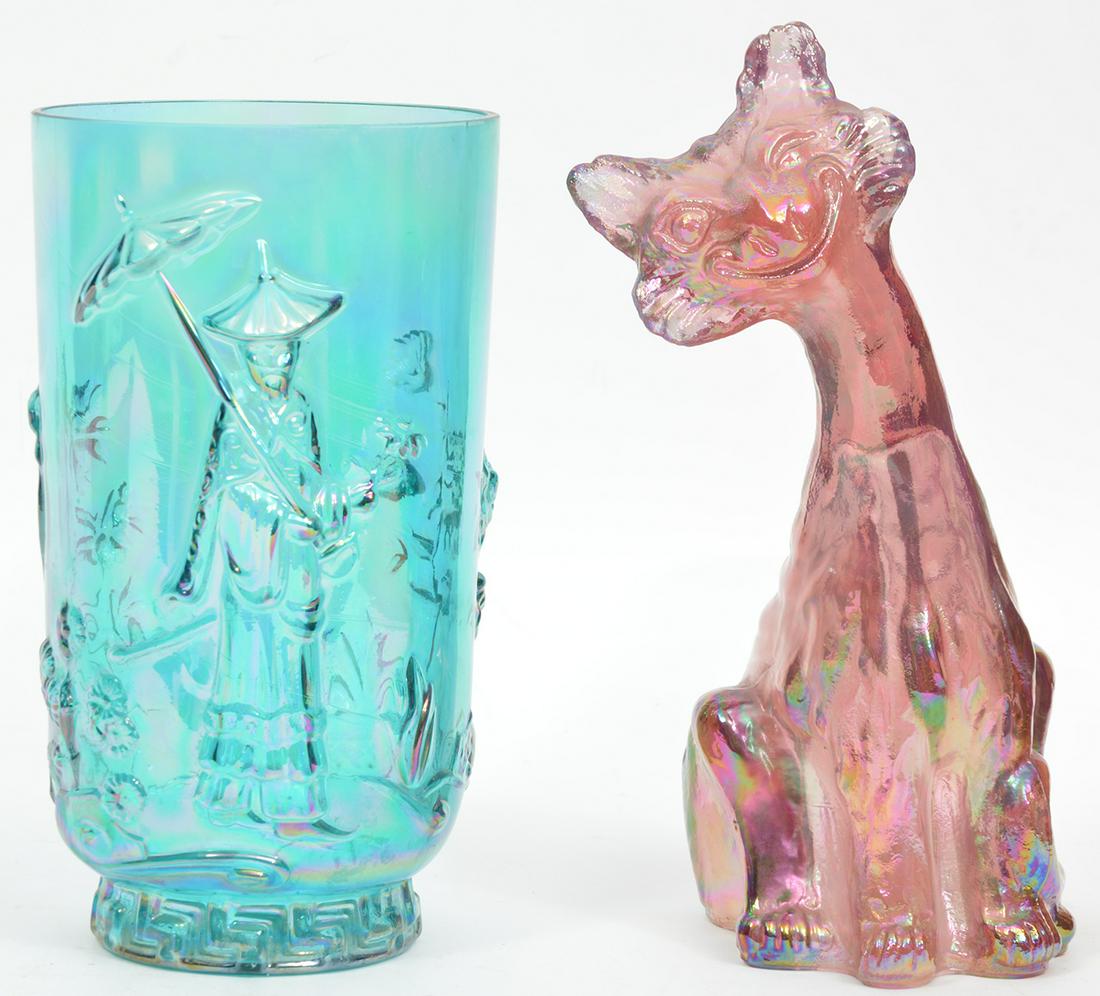 Fenton Iridecent Art Glass Cat And Emperor Vase: Fenton sculptural pink/purple iridescent cat figure, measures 5.25"L x 4"W x 10.5H"; Fenton iridescent aqua cylindrical relief Emperor vase, measures 5"W x 9.25"H. Condition report: Good condition, ve