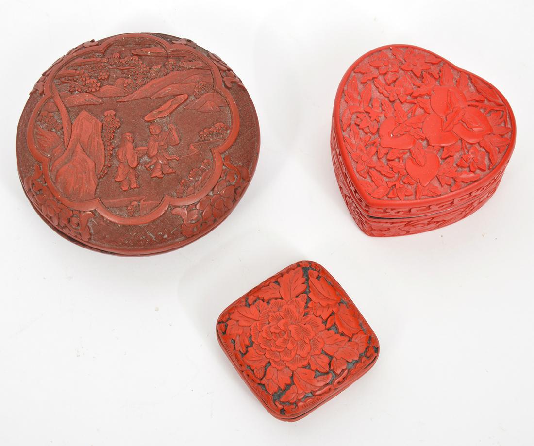 Three Chinese Carved Cinnabar Boxes (1 of 8)