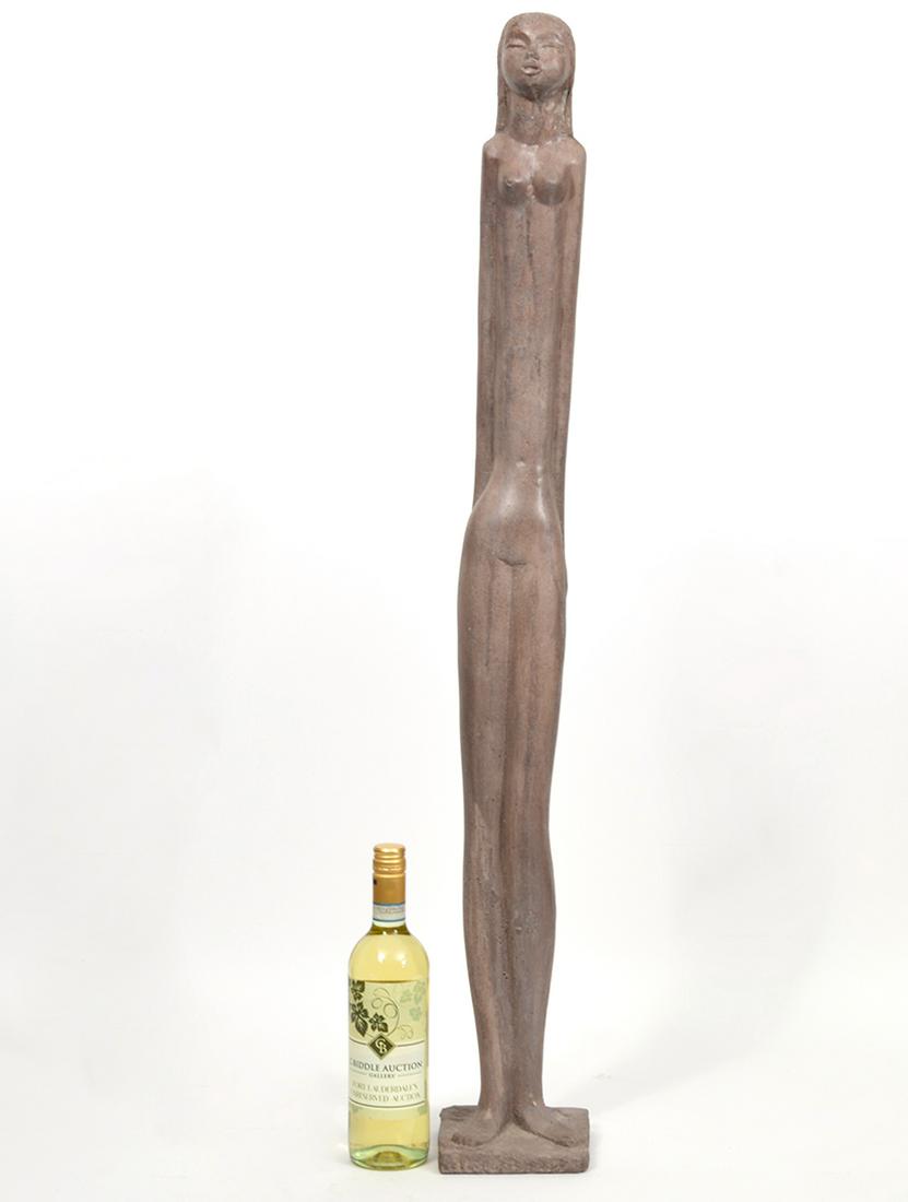 Chuck Dodson Standing Female Nude Sculpture: Chuck Dodson (American 1908 â€“ 1993) Standing female nude with elongated body composition sculpture, signed 'Dobson' at base by feet. Measures 5.25"L x 5.25"W x 45"H. Condition report: Good cond
