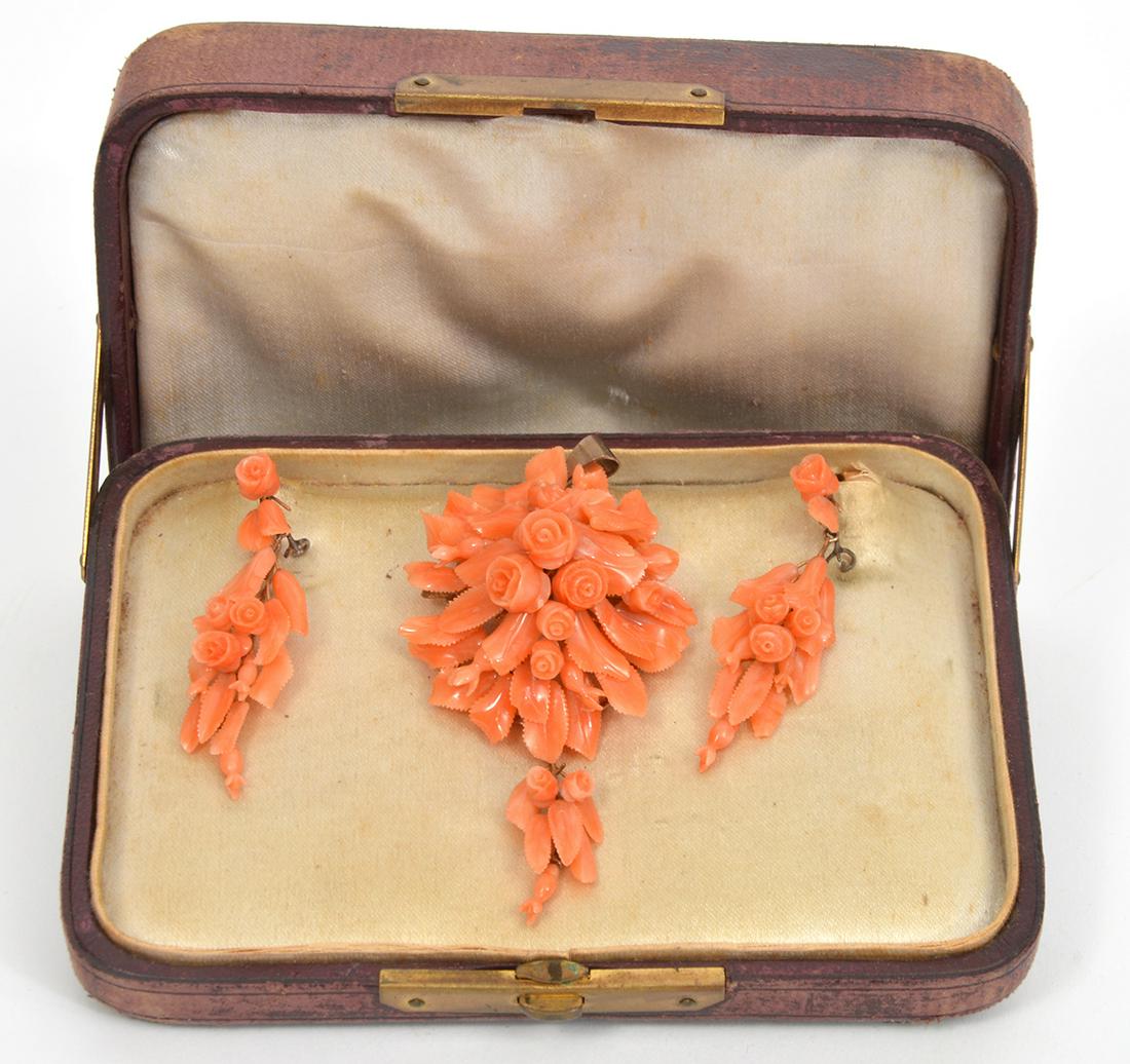 Victorian Carved Coral Matching Brooch & Pin (1 of 8)