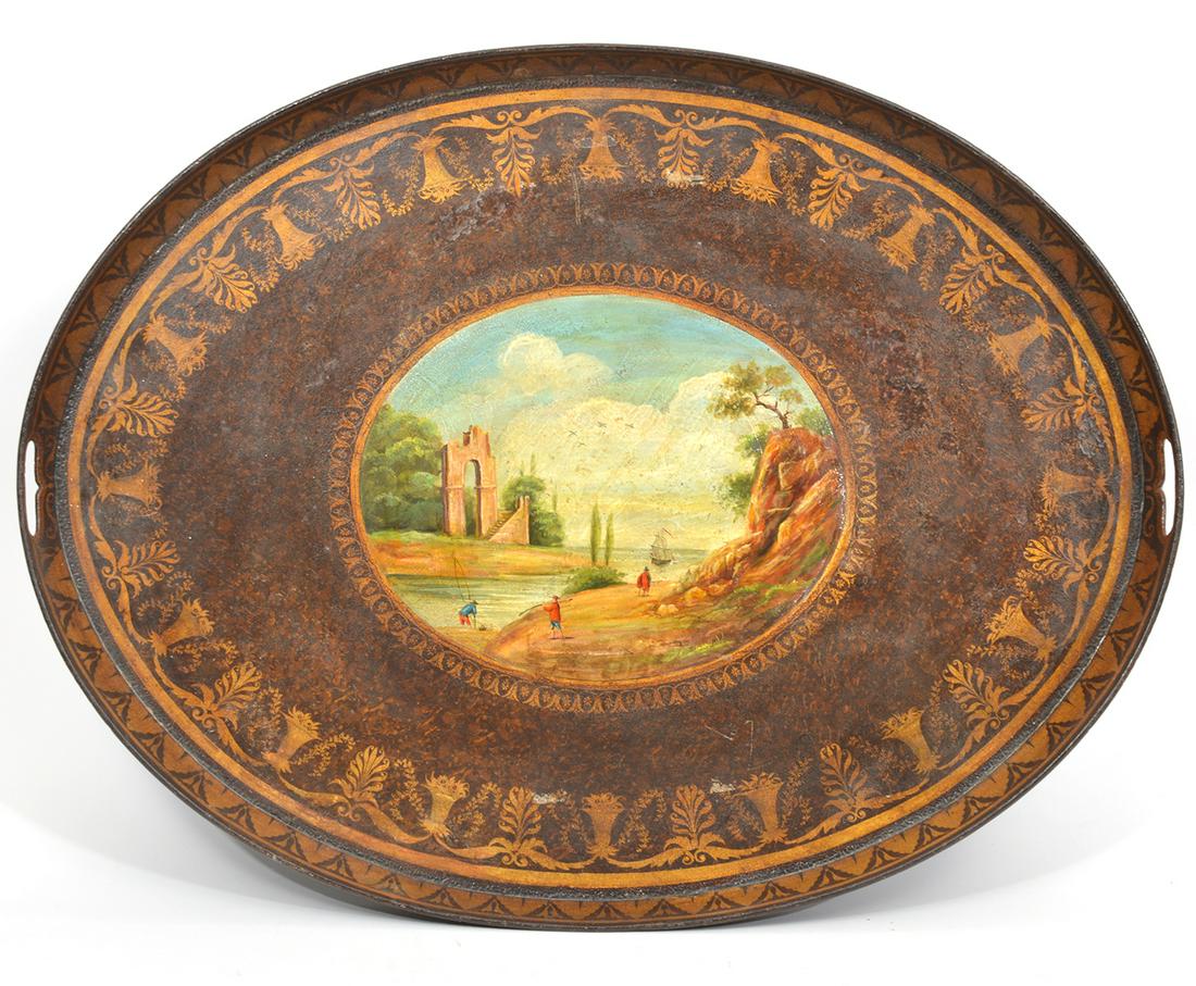 French Oval Tole Tray with Painted Landscape (1 of 7)