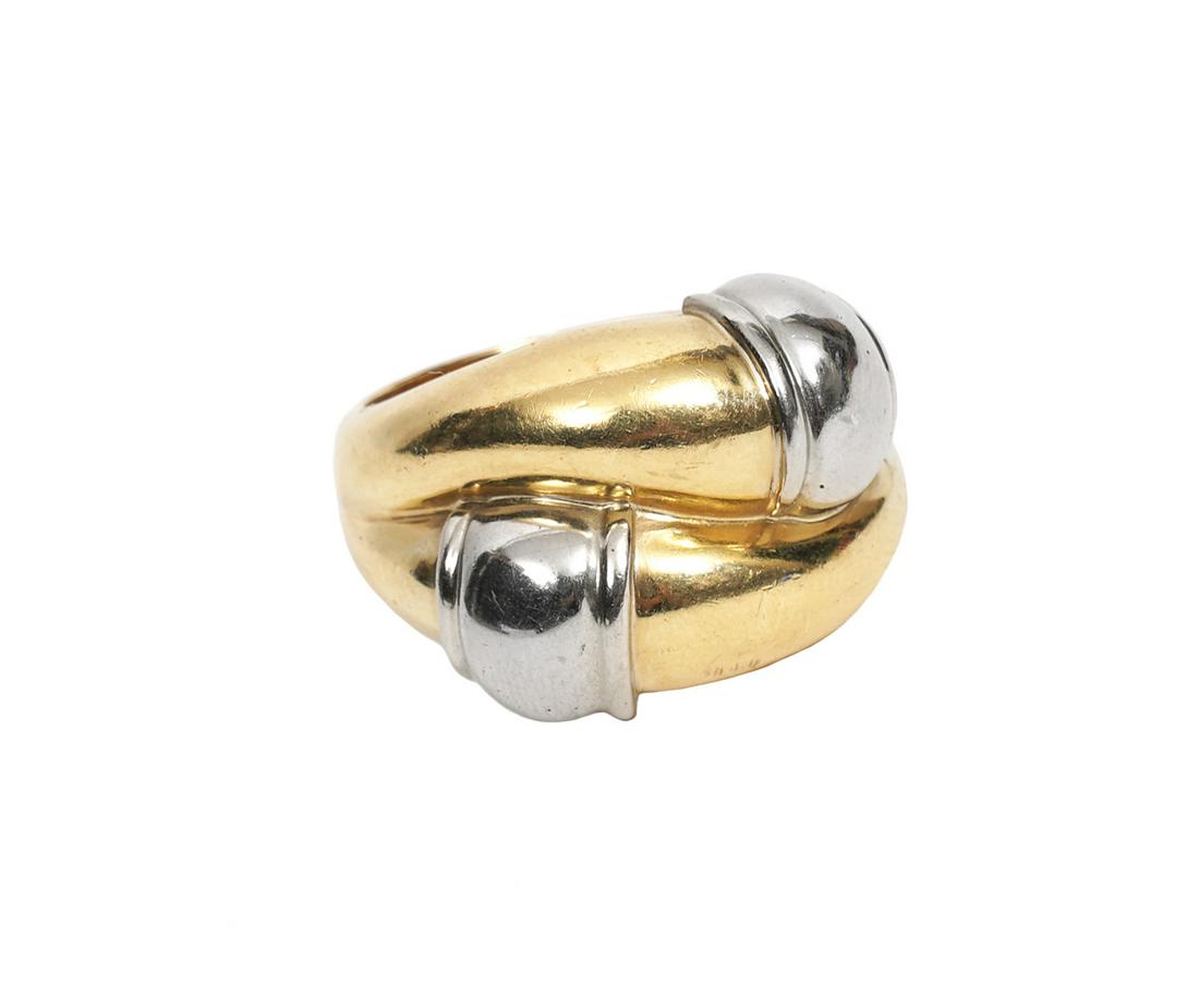 Chimento Italian 18K Yellow & White Gold Ring: Chimento Italian 18K yellow and white gold ring, by-pass style with white gold band over gold. Weight - 12.5g. Hallmarked on inside "408 VI" , "750", "Chimento". Size 7. Condition report: Good conditi