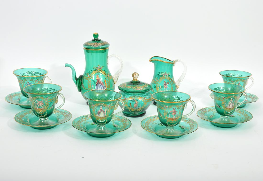 15pc Hand-Painted Bohemian Green Glass Tea Set (1 of 17)