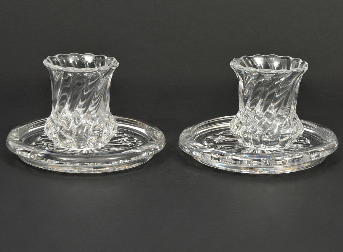 2 Baccarat 'Rosace' Coasters & 2 Toothpick Holders: 2 Baccarat crystal ribbed toothpick holders ((2 7/8"H x 2.5"W); 2 Baccarat 'Rosace' crystal wine bottle coasters (5 3/8"W). All marked Baccarat on bottoms. Condition report: coasters have a few flea b