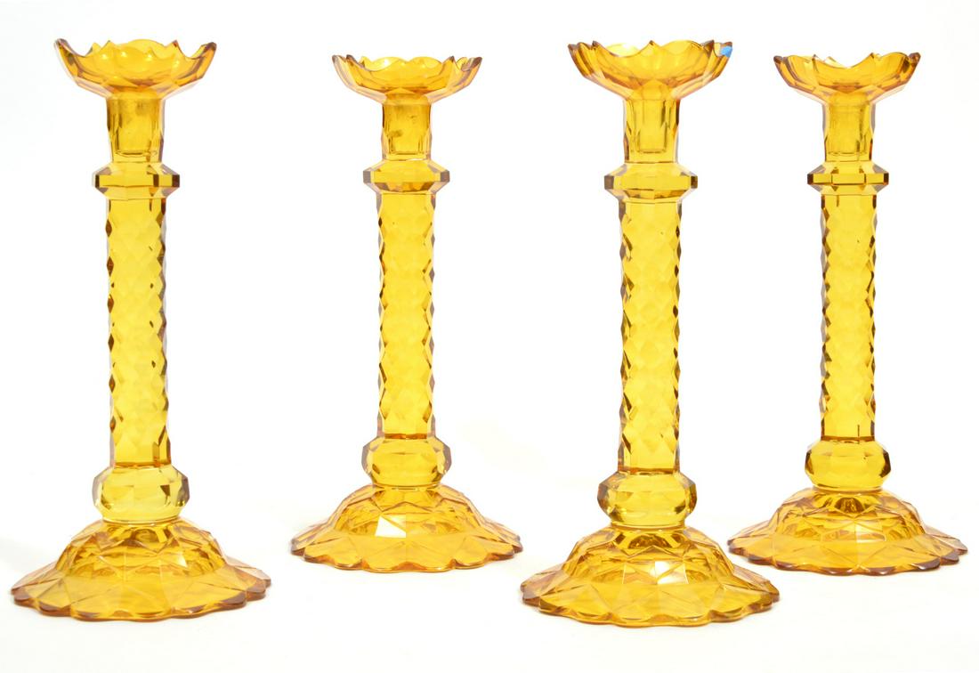 Two Pair of Faceted Vaseline Glass Candlesticks (1 of 9)