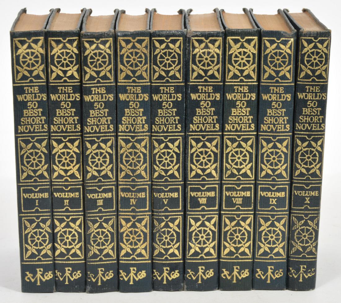 1929 World's 50 Best Short Novels Grant Overton: Incomplete ten volume set of 1929 version of Funk & Wagnell's "The Worlds 50 Best Short Novels" edited by Grant Overton. Missing Volume VI. Each book measures 6"L x 4"W x 0.75"H. Condition report: Goo