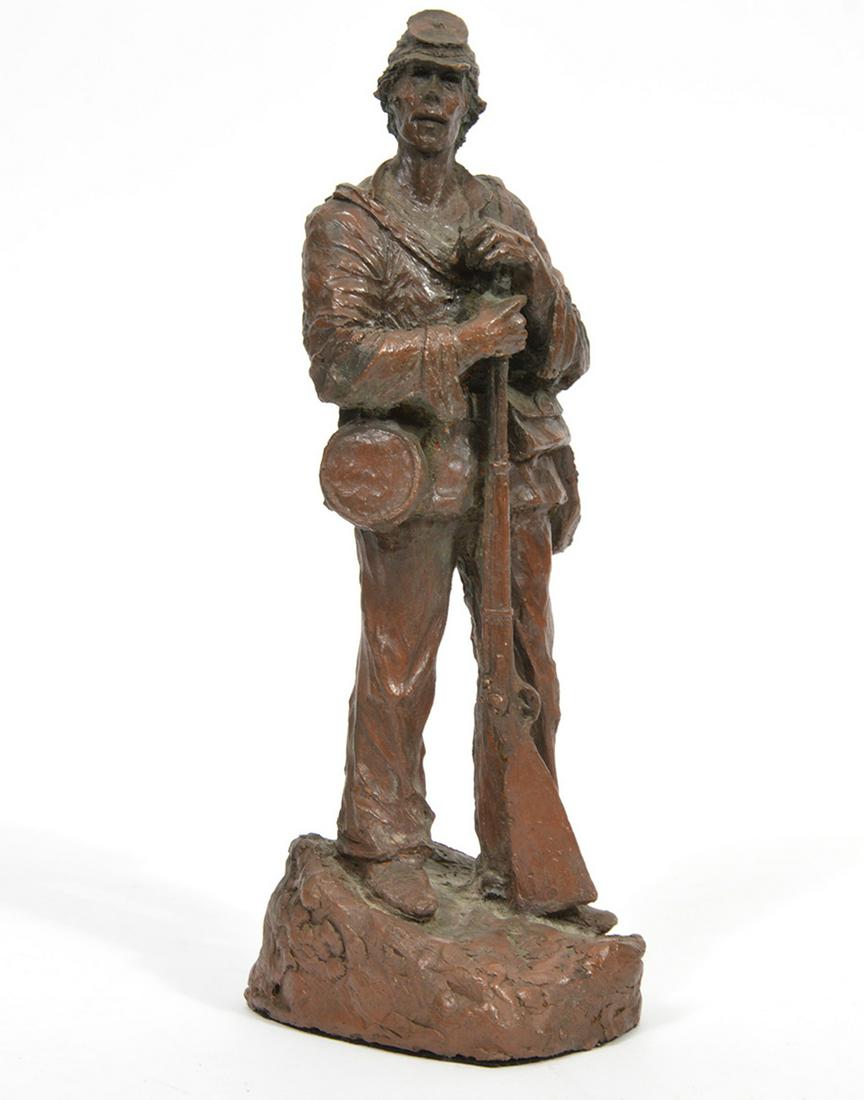 Mark Hopkins Bronze Soldier Sculpture: Mark Hopkins, American (20th C.). Signed and dated 1984. 12.5" H. Condition report: good condition, see photos. Please examine all photos closely. Contact C. Biddle Auction Gallery for more detailed i