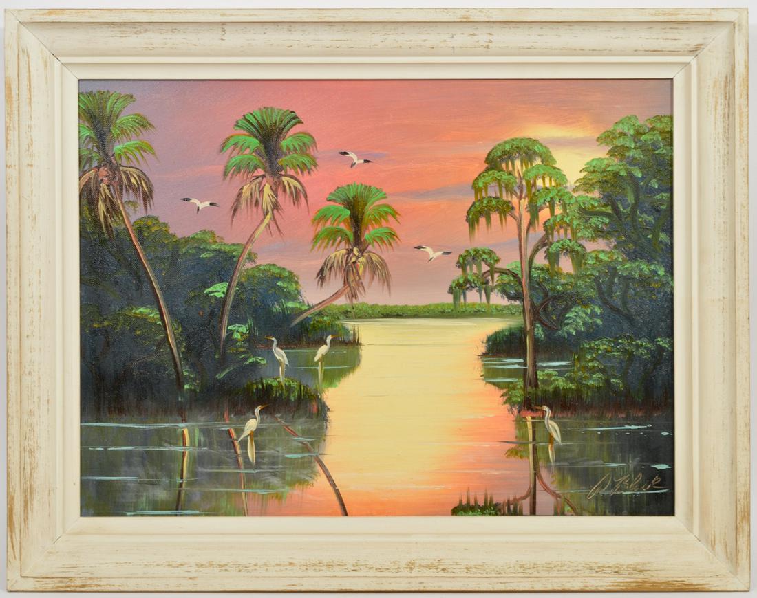 Al Black Highwaymen Oil Painting: Al (Blood) Black, American (Born 1947). 'Reflections' oil on canvas, signed bottom right. Measures unframed 18" H x 24" W, framed 22" H x 28" W. Appears to be the original frame. Condition report: goo
