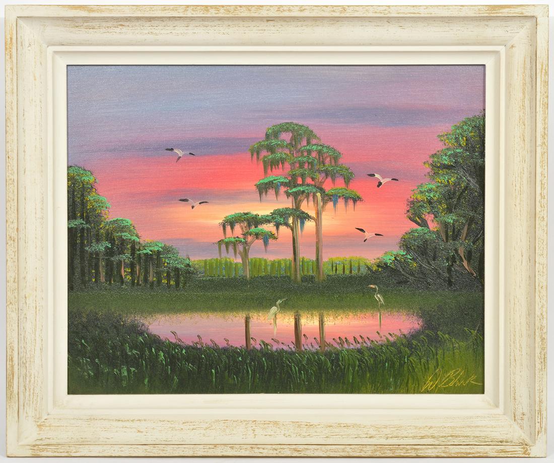 Highwaymen Al (Blood) Black 'Bird Bath' Painting: Al (Blood) Black, American (Born 1947). 'Bird Bath' oil on board, signed bottom right. Measures unframed 16"H x 20"W, framed 20" H x 24"W. Appears to be the original frame. Condition report: good cond