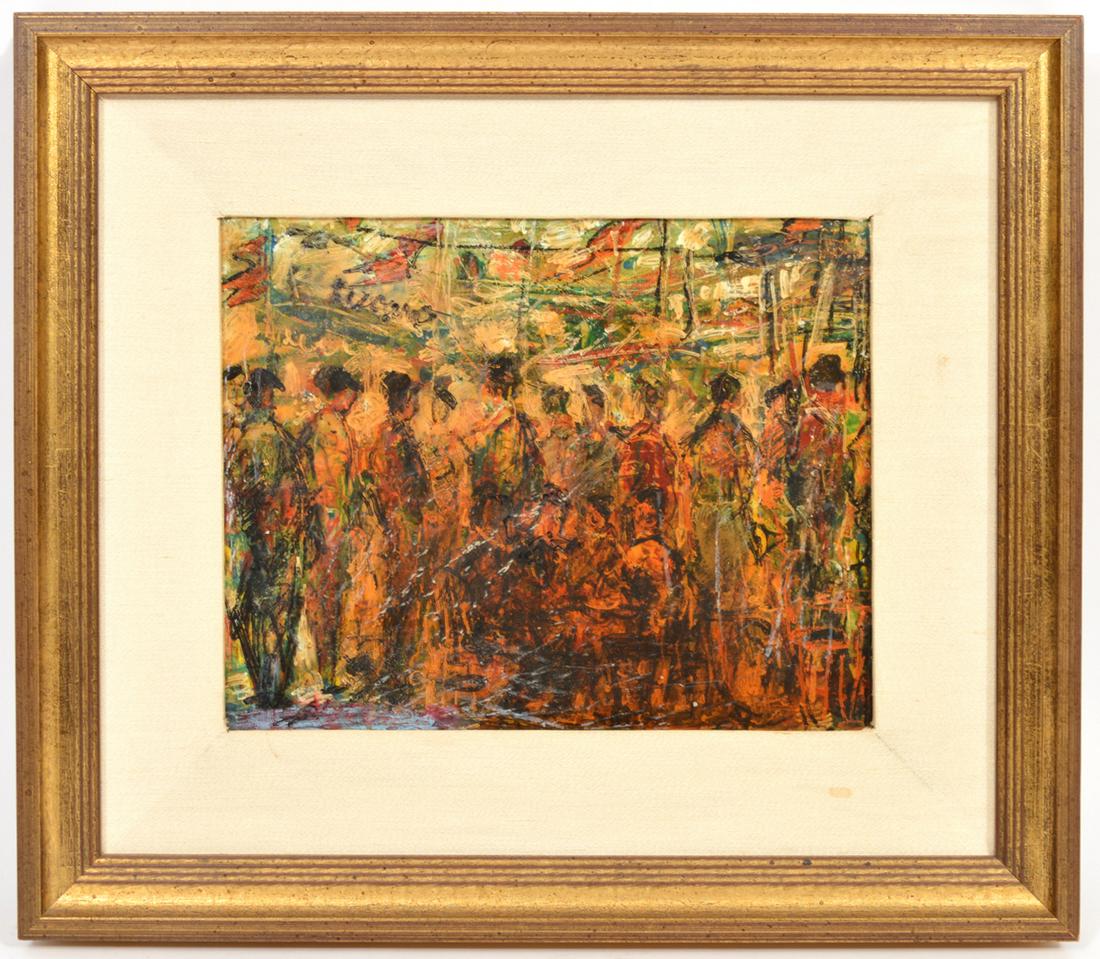 Pascal Cucaro Chinatown Street Scene O/C: Pascal Cucaro, American (1914 -2004). Chinatown street scene, oil on canvas. Signed upper left. Lyon Art Gallery label on back, Measures 13.5"H x 15.5"L framed, 7.5" x 9.5" visual image. Condition rep