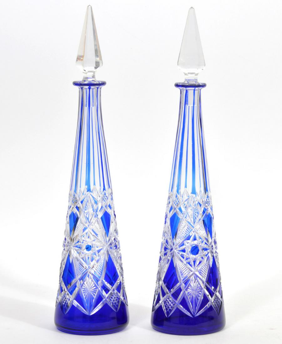 Pr. Cobalt Blue Cut to Clear Glass Decanters (1 of 7)