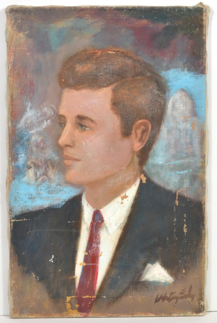 Whitney Cushing Portrait of JFK Oil on Canvas: Whitney Cushing (American, 20th century) portrait of JFK in college, oil on canvas, signed lower right. Measures 24"H x 15"W. Condition report: Good condition, some flaking and chips to paint througho