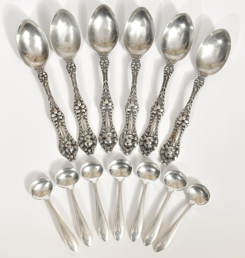 American Sterling Condiment and Demitasse Spoons: American sterling silver condiment and demitasse spoons include 7 Watson Company condiment spoons, 2.25" long; 6 Alvin Corporation Art Nouveau-Style floral motif handle demitasse spoons, 4" long; Tota