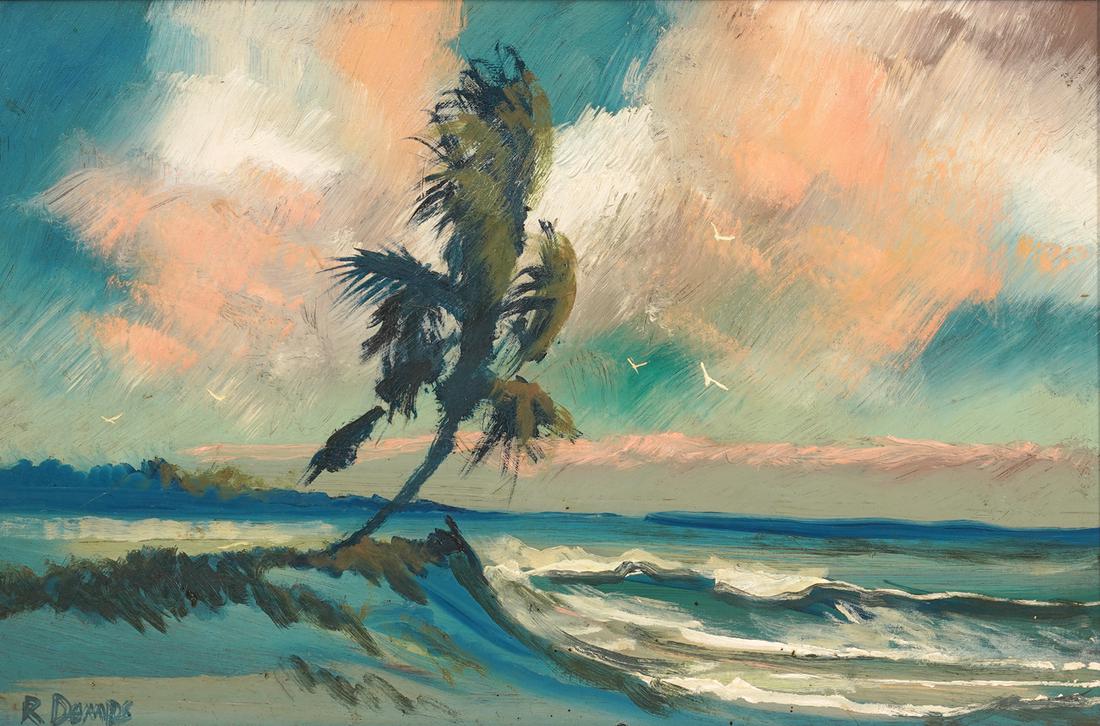 Rodney Demps Original Highwaymen Oil Painting: Rodney Demps, American (Born 1953). 'The Dunes' oil on board signed bottom left. Measures 16"H x 24" W, framed 20" H x 28" W. Appears to be the original frame. Condition report: good condition, could