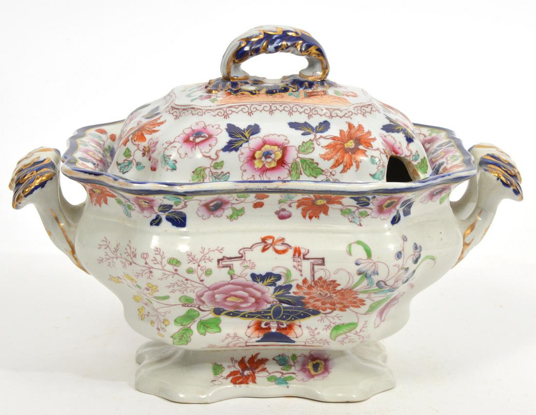 Mason's English Ironstone Floral Covered Tureen: Mason's English Ironstone floral pattern covered sauce tureen, decorated various flowers with cobalt blue and gilt accents, foliate style handles. Hallmarked underside. Measures 7.5"L x 5"W x 5.5"H. C
