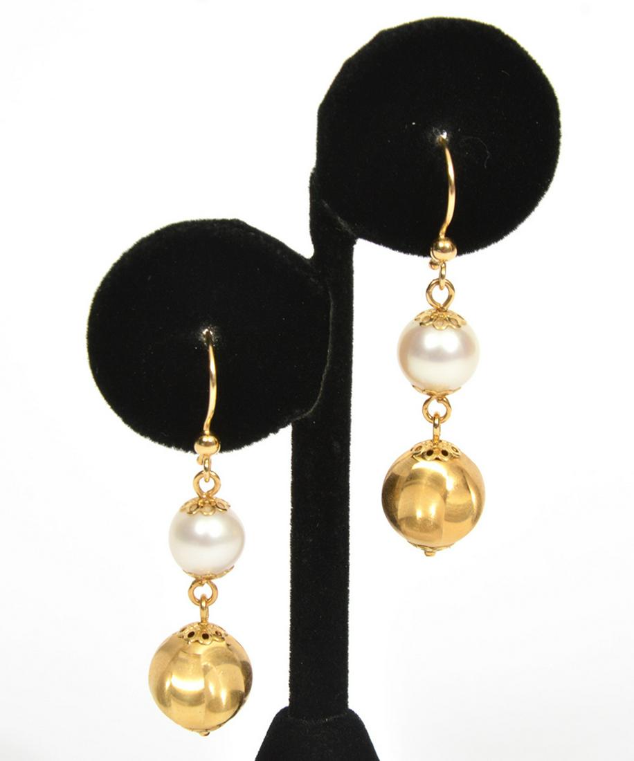 Italian 18K Gold Pearl Dangle Hook Earrings (1 of 4)