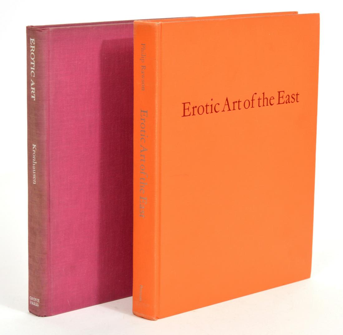 Two Illustrated Erotic Art History Books: Erotic Art' by Drs. Phyllis and Eberhard Kronhausen, published by Grove Press, copyright 1968. Measures 11"L x 8.5"W x 1"D; 'Erotic Art of the East' by Philip Rawson, published by G.P. Putnam. Measure