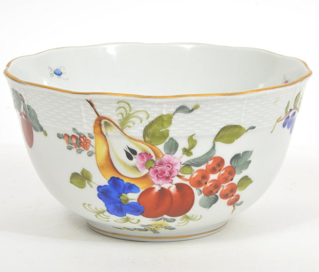 Herend Hungary Porcelain 'Fruit & Flowers' Bowl: Herend of Hungary porcelain 'Fruits & Flowers' bowl, gilt rim with basket weave outer border. Hallmarked underside. Measures 4"H x 7.5"W. Condition report: Good condition, no issues, please examine al