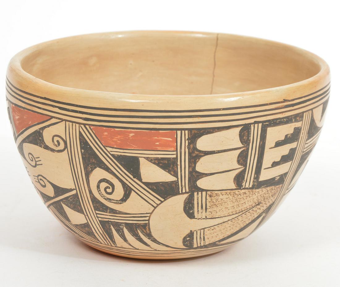 Patty Maho Hopi Tewa Polychrome Vintage Bowl: Patty Maho (& sister Mamie) American Indian (1904-1992). Vintage Hopi Tewa polychrome bowl by PattyMaho with traditional geometric designs hand painted by Mamie. Signed on bottom. Measures 3.75"H x 6.