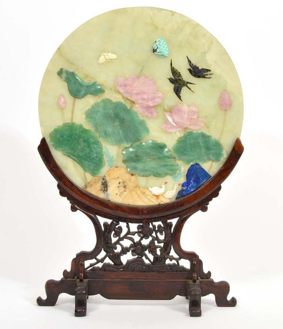 Chinese Carved Jade & Applied Stones Table Screen (1 of 9)