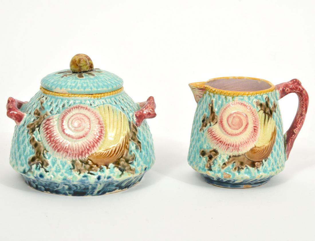 Majolica Sea Shell Sugar Bowl & Creamer (1 of 7)