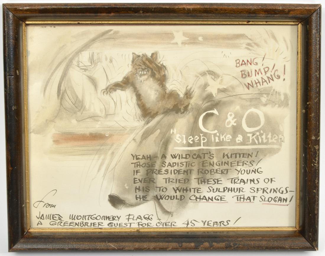 James Montgomery Flagg Watercolor for Greenbrier: James Montgomery Flagg, American (1877 - 1960). Watercolor and possibly Gouache on paper. Dedicated to Greenbrier hotel. Given to the resort from James Montgomery Flagg (guest of 45 years). Framed 10"