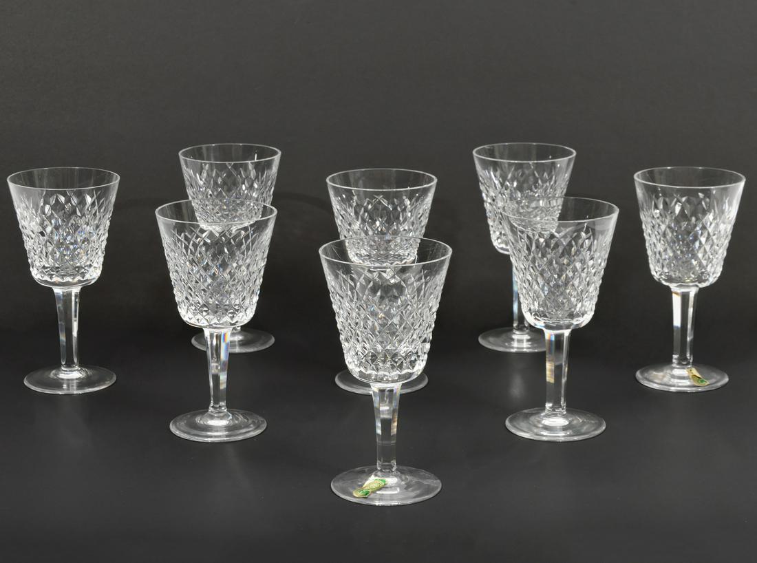 8 Waterford Crystal 'Alana' Claret Wine Glasses: 8 Waterford crystal 'Alana' claret wine glasses, 2 with original tags. 'Waterford' etched on bases. Measures 5 7/8"H. Condition report: good condition, no issues, please see photos. Contact C. Biddle 