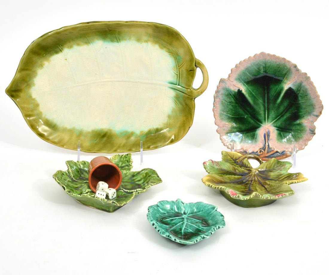 Group of 5 Majolica Leaf Shaped Glazed Pottery (1 of 13)
