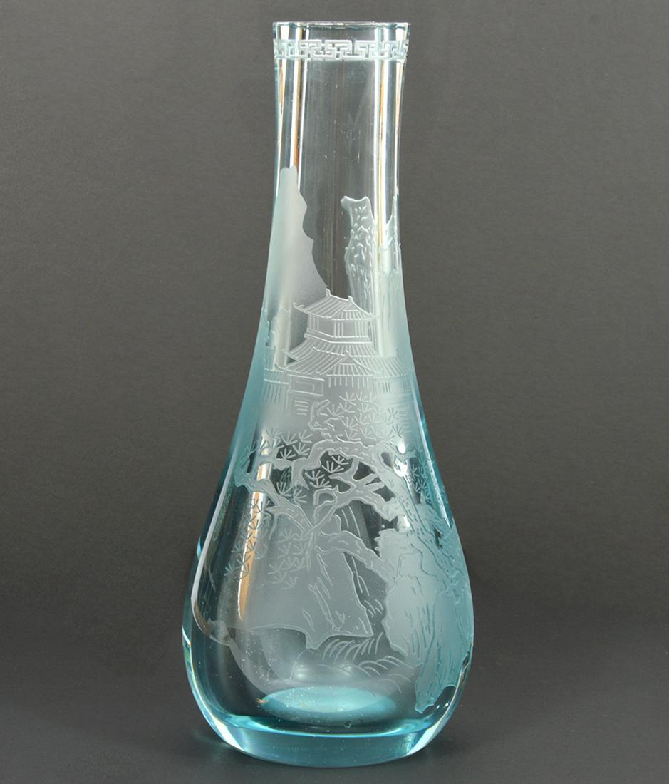 Chinese Etched Temple Scene Glass Vase: Chinese etched glass vase featuring temple landscape scene, pear shaped form, oval signature mark on side. Measures 5" at widest point, 13'' tall. Condition report: Good condition, no issues, please e
