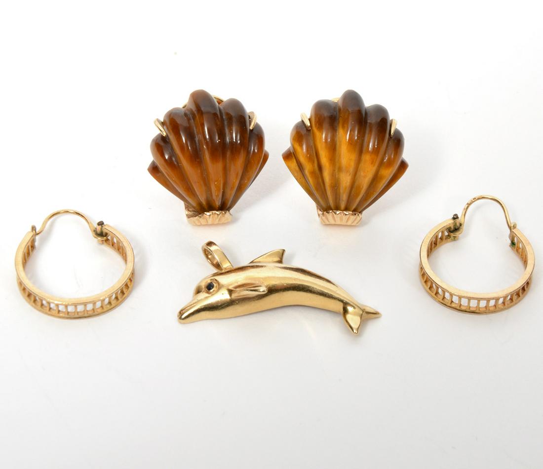 14K Tiger Eye Earrings, Hoops & Dolphin Pendant: Carved Tiger Eye shell form earrings with 14K omega backs; 14K gold dolphin pendant, weighs 2.4g; 14K hoop earrings, 1.5g. Condition report: Good condition, no issues, please examine all photos closel