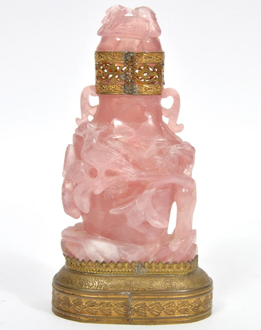 Chinese Carved Rose Quartz Urn Gilt Metal Mounts (1 of 7)