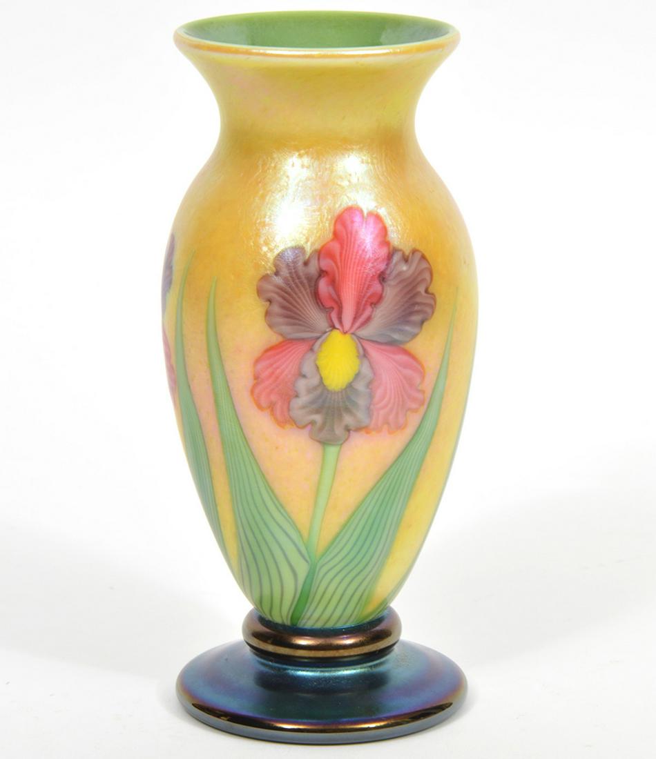 Orient & Flume Flower Art Glass Vase: Orient & Flume Flower art glass vase, signed, sticker and numbered on bottom. Measures 6.25"H x 3"W. Condition report: Good condition, no issues, please examine all photos closely. Contact C. Biddle A