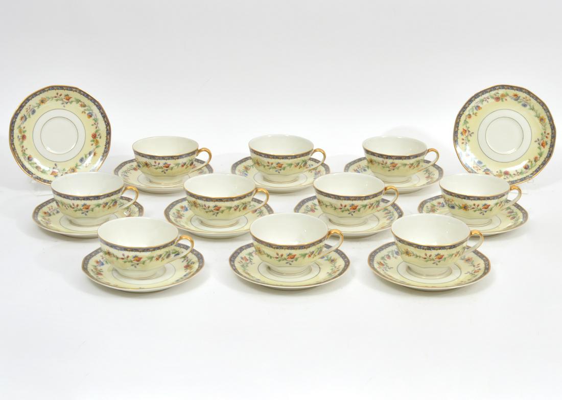 Theodore Haviland Limoges Chateaudun Cups/Saucers: 10 Theodore Haviland Limoges Chateaudun porcelain tea cups (4.5"L x 2"H) and 12 saucers (5.75"W), all pieces marked on underside. Condition report: good condition, no cracks or chips, please see photo