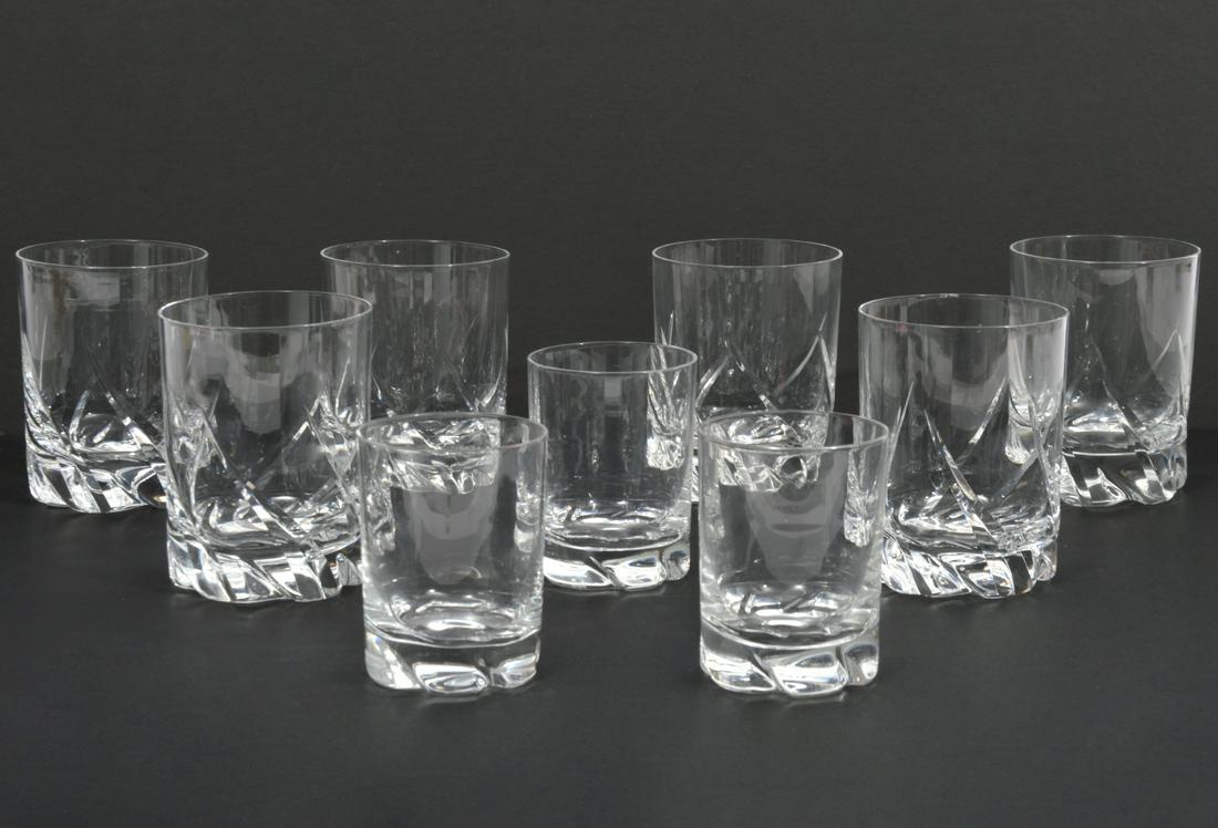 Daum French Crystal 6 Whiskey & 3 Cordial Glasses: Includes: 6 Daum whiskey glasses, measures 3.75"H x 2.5"W; Cordial glasses measure 3"H x 2"W; Each has wavy sidecuts. Condition report: Chips to two glasses, please examine all photos closely. Contact